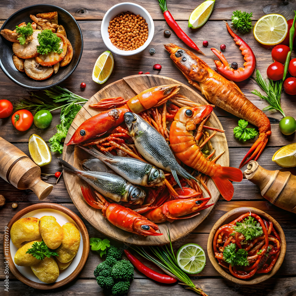 a table full of seafood including lobsters shrimp