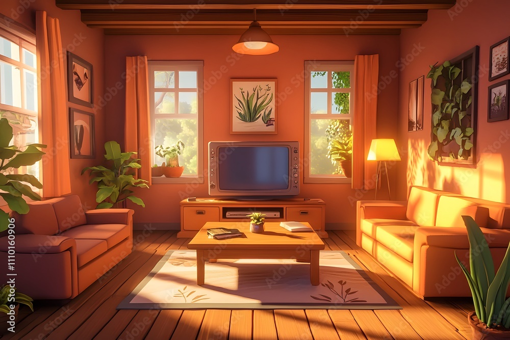 Fototapeta premium Home interior with furniture and tv. Living room with blue sofa, television set on stand, coffee table, carpet, bookcase, plants and pictures on wall, vector cartoon illustration isolated on white