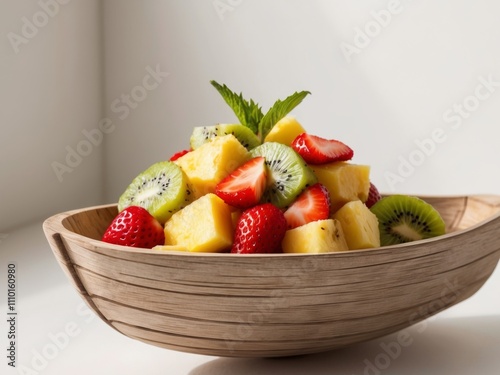 Pineapple boat filled with tropical fruit salsa. photo