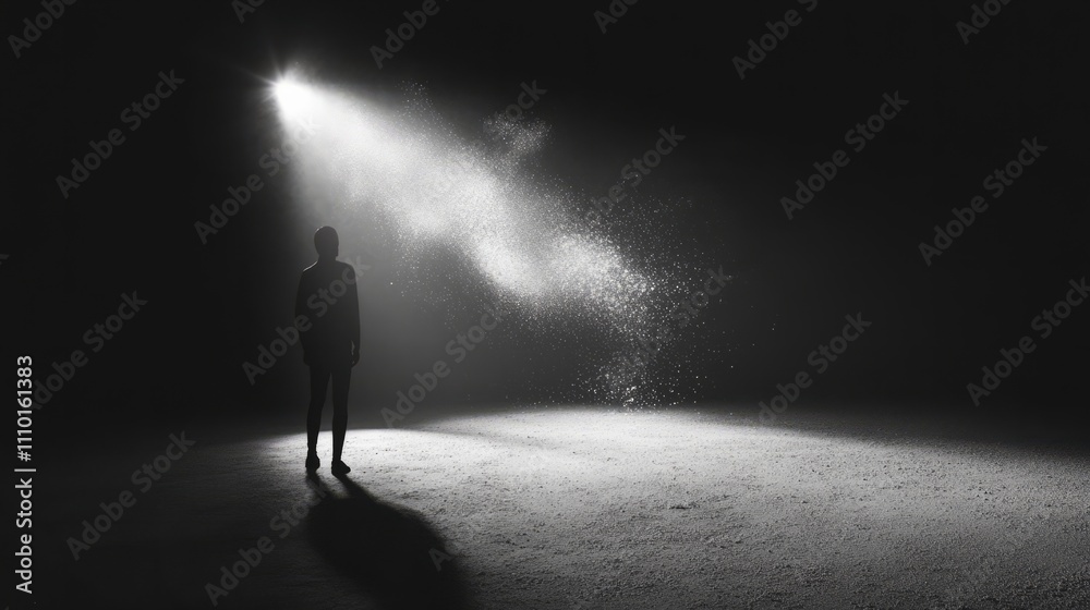 White dust illuminated by a single, bright light, casting a dramatic shadow on the black background, with a single, abstract shape silhouetted in the background White dust illuminated by a single, bright light, casting a dramatic shadow on the black background, with a single, abstract shape silhouetted in the background