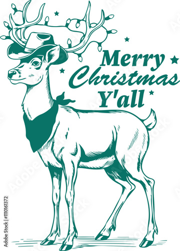 Merry Christmas Y’all Quote, Charming Cowboy Deer Illustration with Antler Lights, Vintage Retro Christmas Reindeer