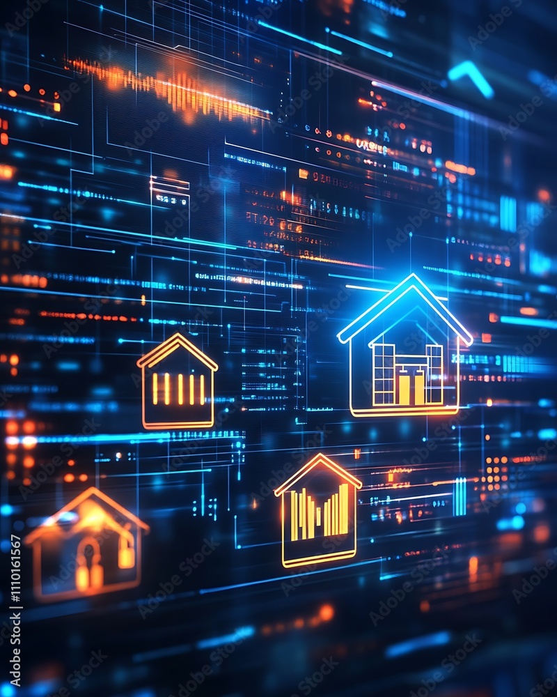 Ai powered financial, Futuristic Digital Interface for Mortgage Advisory Services Featuring Glowing House Icons and Data Streams for Innovative Real Estate Solutions Ai powered financial, Futuristic Digital Interface for Mortgage Advisory Services Featuring Glowing House Icons and Data Streams for Innovative Real Estate Solutions
