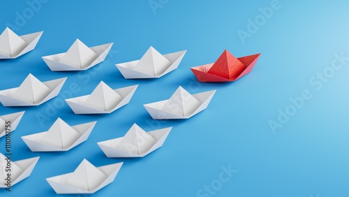 Different business concept.new ideas. paper art style.Leadership concept with red paper ship leading among white boats.3D rendering on blue background.