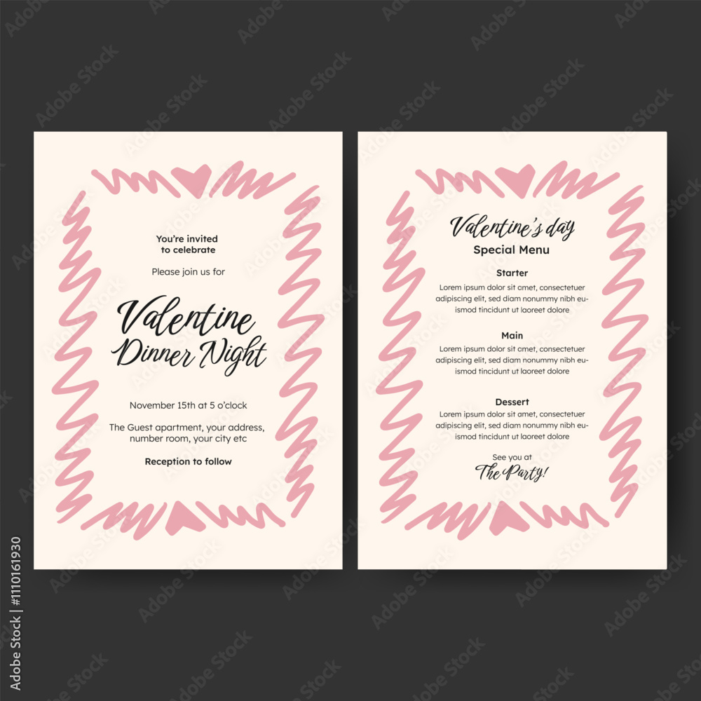 Hand drawn minimalist invitation dinner menu template design for valentine, birthday or wedding Hand drawn minimalist invitation dinner menu template design for valentine, birthday or wedding