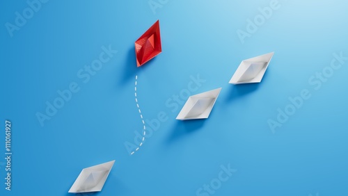 group of blue paper boats are sailing in one direction, one red is sailing in the opposite direction. The concept of an extraordinary personality, to act contrary to the foundations of society