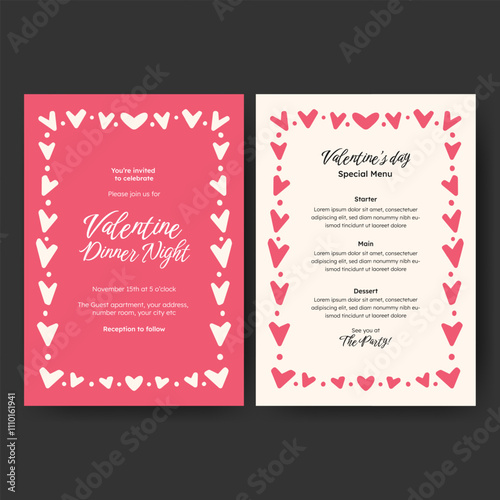 Hand drawn minimalist invitation dinner menu template design for valentine, birthday or wedding