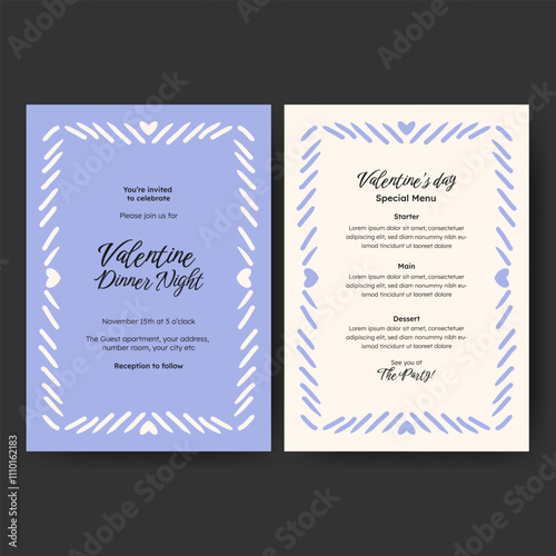 Hand drawn minimalist invitation dinner menu template design for valentine, birthday or wedding