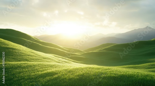Serene Rolling Green Hills, Dreamy Pastures Under Bright Skies, Uplifting Landscape with Expansive Copy Space