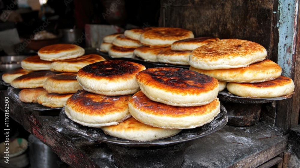 Freshly baked golden-brown bread rolls stacked neatly on plates at a market showcasing delicious street food culture. Freshly baked golden-brown bread rolls stacked neatly on plates at a market showcasing delicious street food culture.