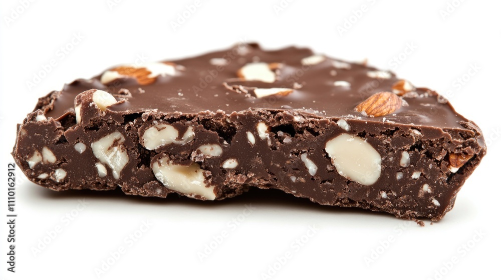 Chocolate brownie candy bar with nut bits photographed from the side on a white background showcasing its rich texture and ingredients Chocolate brownie candy bar with nut bits photographed from the side on a white background showcasing its rich texture and ingredients