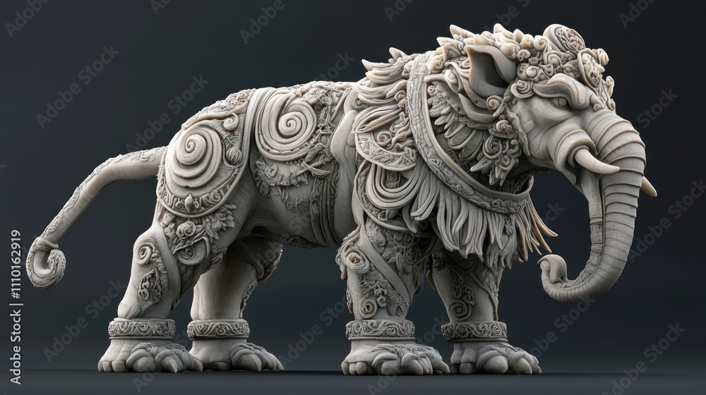 Ornate White Stone Elephant Statue with Intricate Detailing Ornate White Stone Elephant Statue with Intricate Detailing