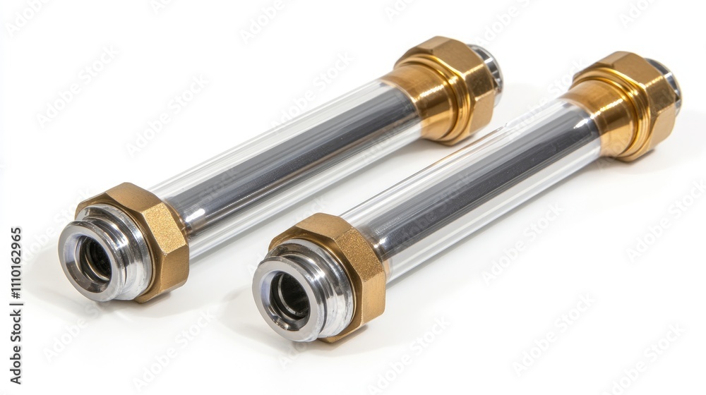Close up of two hexagonal metallic bolts one gold and one silver partially covered by a plastic sleeve against a white background
