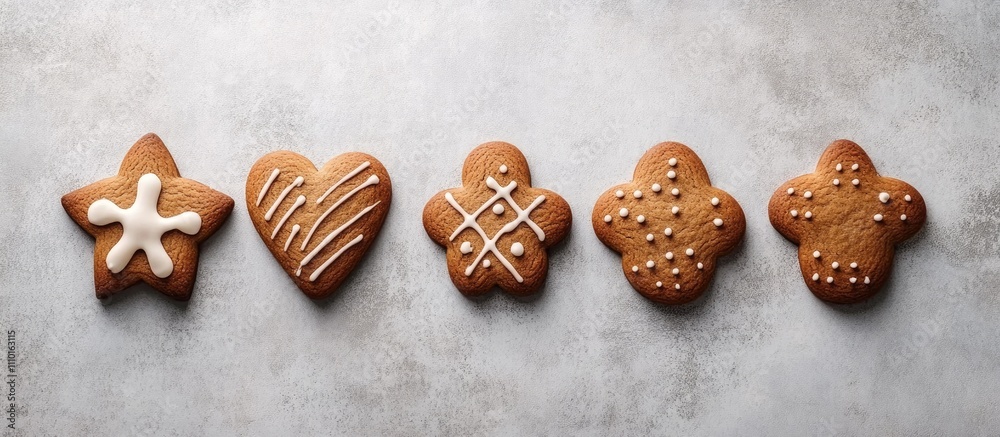 Gingerbread cookies decorated in a variety of shapes and designs arranged on a gray background for a festive holiday display
