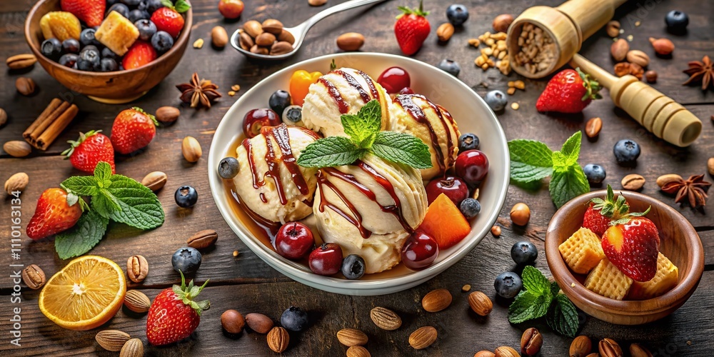 Aerial View of a Bowl of Delicious Caramel Vanilla Ice Cream Surrounded by Toppings and Fresh Fruits Captured from Above for a Tempting Dessert Experience Aerial View of a Bowl of Delicious Caramel Vanilla Ice Cream Surrounded by Toppings and Fresh Fruits Captured from Above for a Tempting Dessert Experience