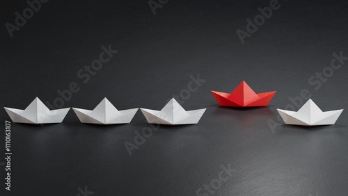 Red bird floating among white bird paper crane. 3d illustration bird paper craft for Hiroshima remembrance day minimal style concept.3D rendering on black background. photo