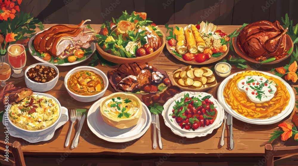 Traditional Thanksgiving feast on a wooden table, featuring a colorful array of dishes, surrounded by autumn-inspired table settings Traditional Thanksgiving feast on a wooden table, featuring a colorful array of dishes, surrounded by autumn-inspired table settings