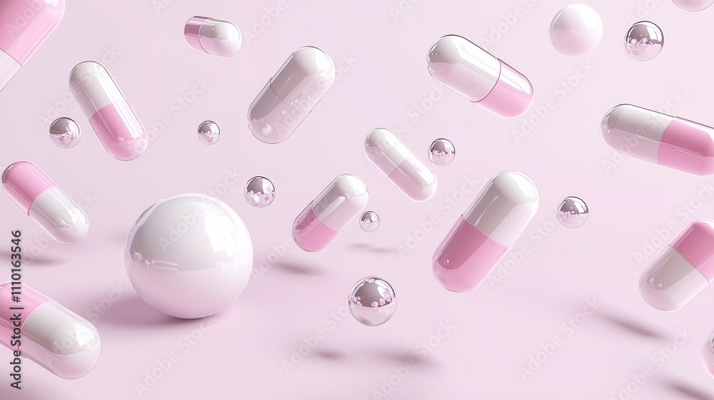Floating capsules and spheres on pink background: modern pharmaceutical concept Floating capsules and spheres on pink background: modern pharmaceutical concept