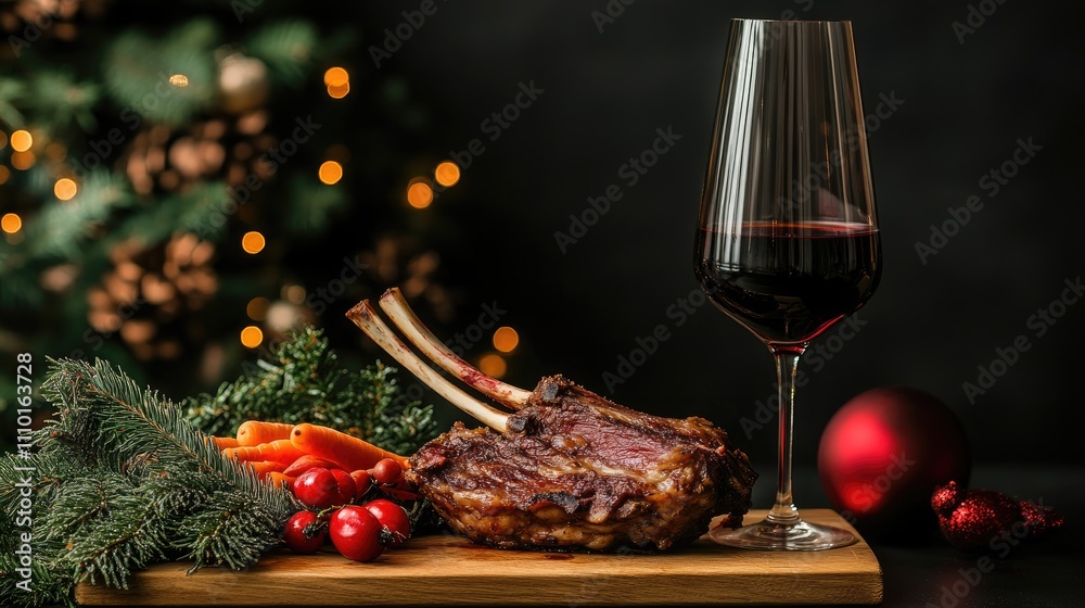 Christmas dinner featuring a joint of meat on a cutting board accompanied by festive vegetables and a glass of red wine Christmas dinner featuring a joint of meat on a cutting board accompanied by festive vegetables and a glass of red wine