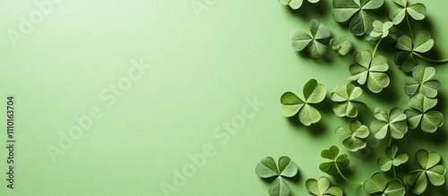 Green background with scattered shamrocks creating a festive atmosphere perfect for St. Patrick's Day celebrations and decorative designs.