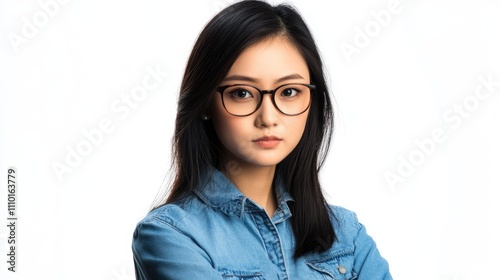 Humbled young Asian woman seeking assistance for proposal with serious expression in a studio setting on white background.