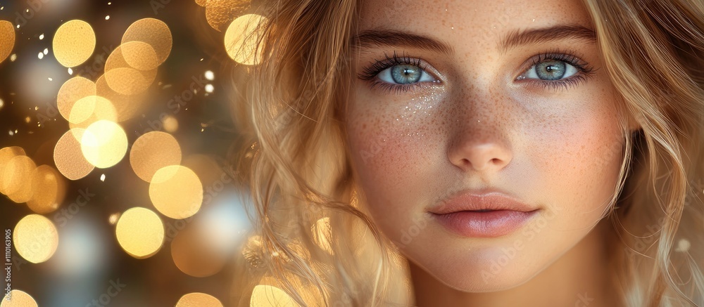 Fair-haired girl in silver dress with sparkling Christmas decorations and glowing lights in soft background capturing festive spirit and joy