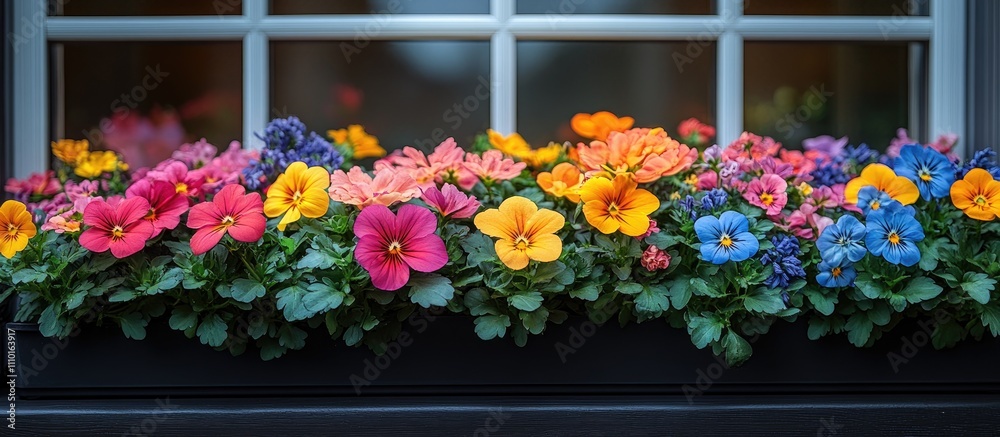 Vibrant flower bed showcasing colorful blooms beneath a charming window setting in a serene environment Vibrant flower bed showcasing colorful blooms beneath a charming window setting in a serene environment