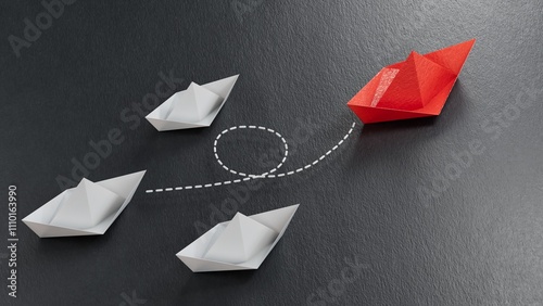 leader boat and paper boats.new ideas. paper art style. creative idea.3D rendering on black background. photo