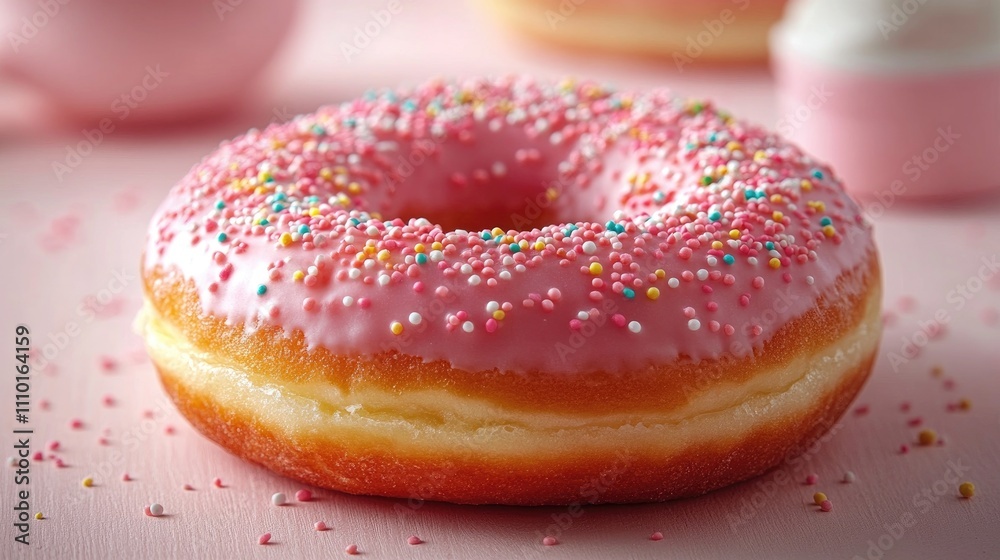 Pink donut with colorful sprinkles on pastel pink background showcasing a delightful sweet treat perfect for food-related themes. Pink donut with colorful sprinkles on pastel pink background showcasing a delightful sweet treat perfect for food-related themes.