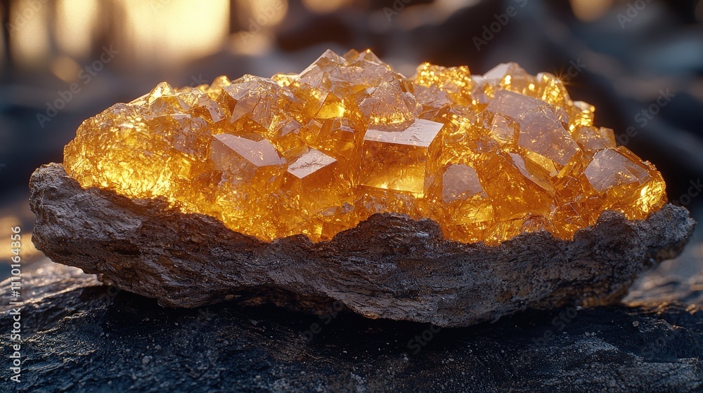 Fototapeta premium Glowing citrine quartz cluster on rock surface captures natural beauty and warmth