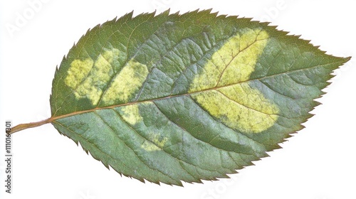 Rose leaf affected by black spot disease caused by Diplocarpon rosa displaying distinctive yellow and black patterns on green foliage photo