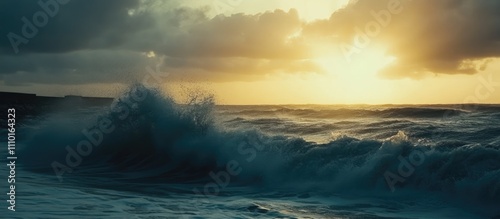 Majestic seascape at sunset with crashing waves and dramatic clouds reflecting golden light in a tranquil coastal atmosphere