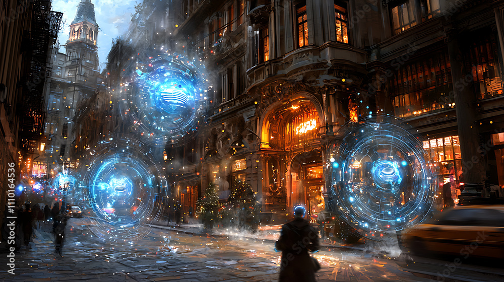 Obraz premium cyberpunk inspired street scene featuring glowing AI holograms, vibrant city lights, and mysterious figure walking through bustling urban environment