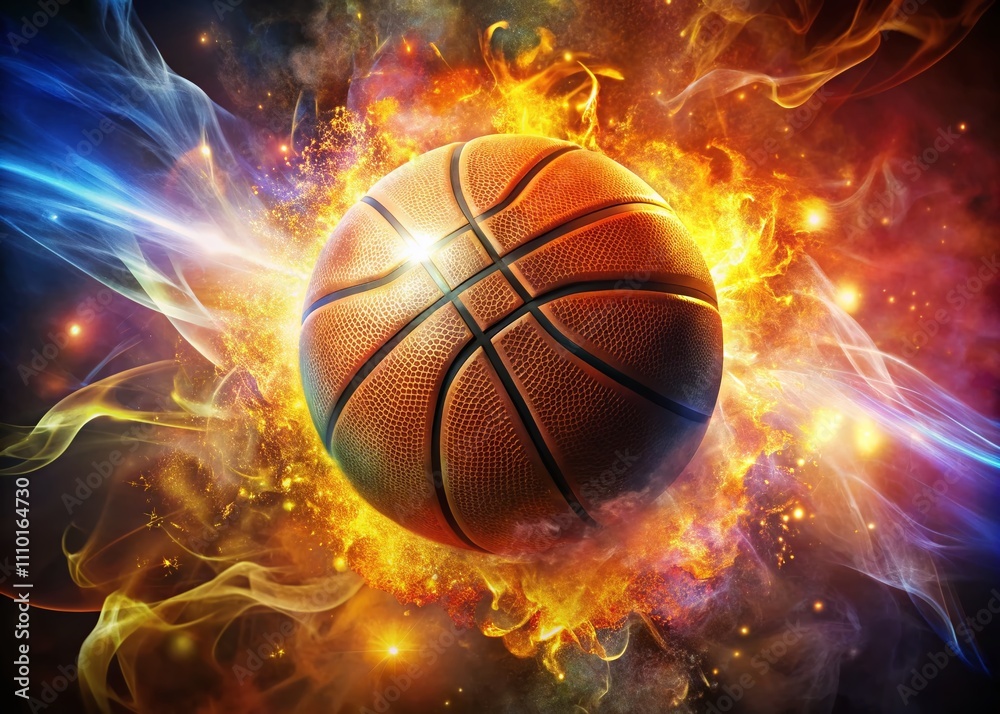 Aerial View of a Fiery Basketball in Motion Amidst a Colorful Court Background, Capturing the Intensity of the Game in Stunning Detail Aerial View of a Fiery Basketball in Motion Amidst a Colorful Court Background, Capturing the Intensity of the Game in Stunning Detail