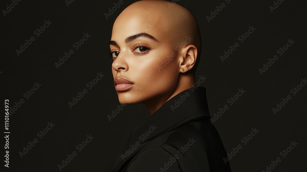 Young bald woman with alopecia exudes confidence and elegance in a striking portrait against a dark backdrop showcasing her unique beauty Young bald woman with alopecia exudes confidence and elegance in a striking portrait against a dark backdrop showcasing her unique beauty