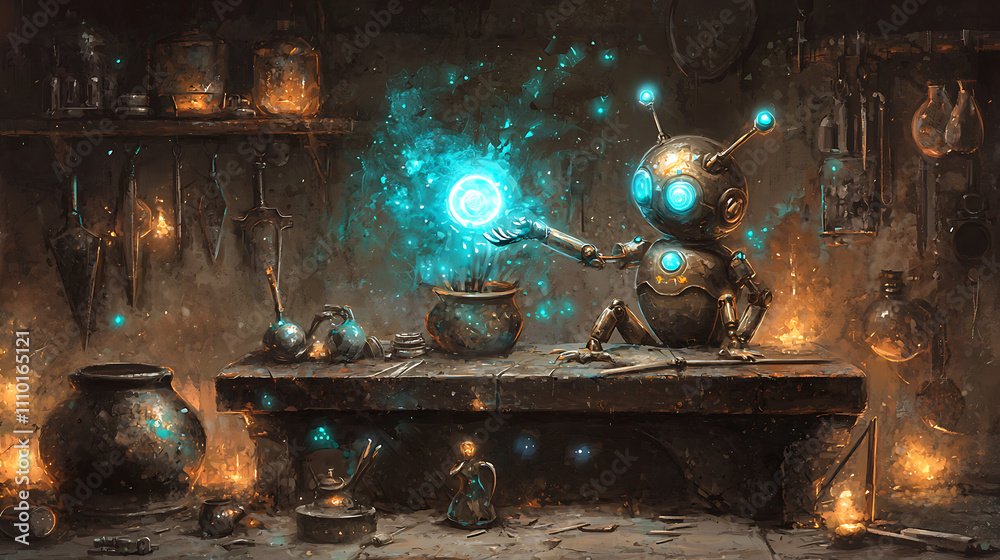 fantasy illustration of AI automaton creating magic in workshop, surrounded by glowing potions and mystical artifacts. scene evokes sense of wonder and creativity