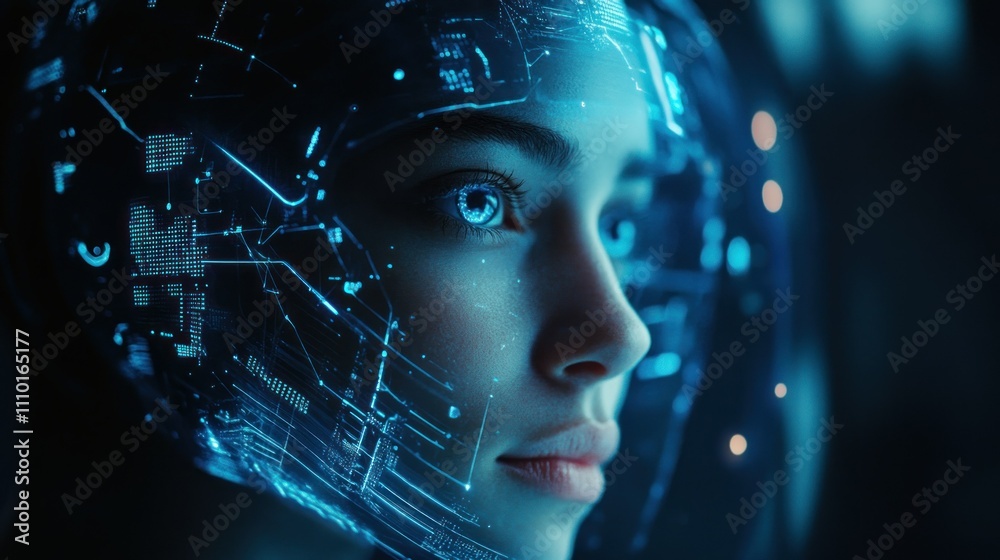 Woman's Face with Blue Circuitry and Lights Woman's Face with Blue Circuitry and Lights