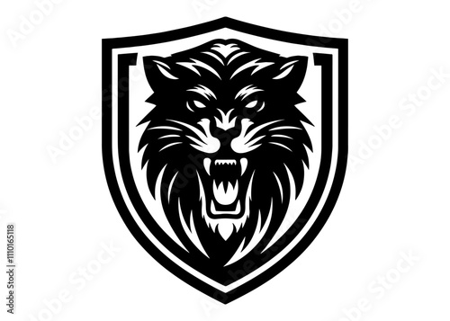 Roaring Panther head inside heraldic shield Silhouette Vector Illustration