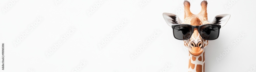 Obraz premium Cheerful Cartoon Giraffe in Sunglasses, Whimsical and Playful Design on Bright White Background, Perfect for Fun and Creative Projects