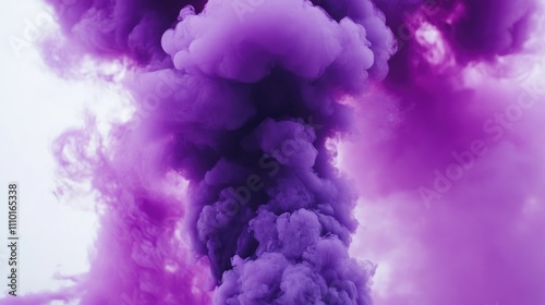 Vibrant purple smoke billowing upwards creating an abstract pattern against a clean white background