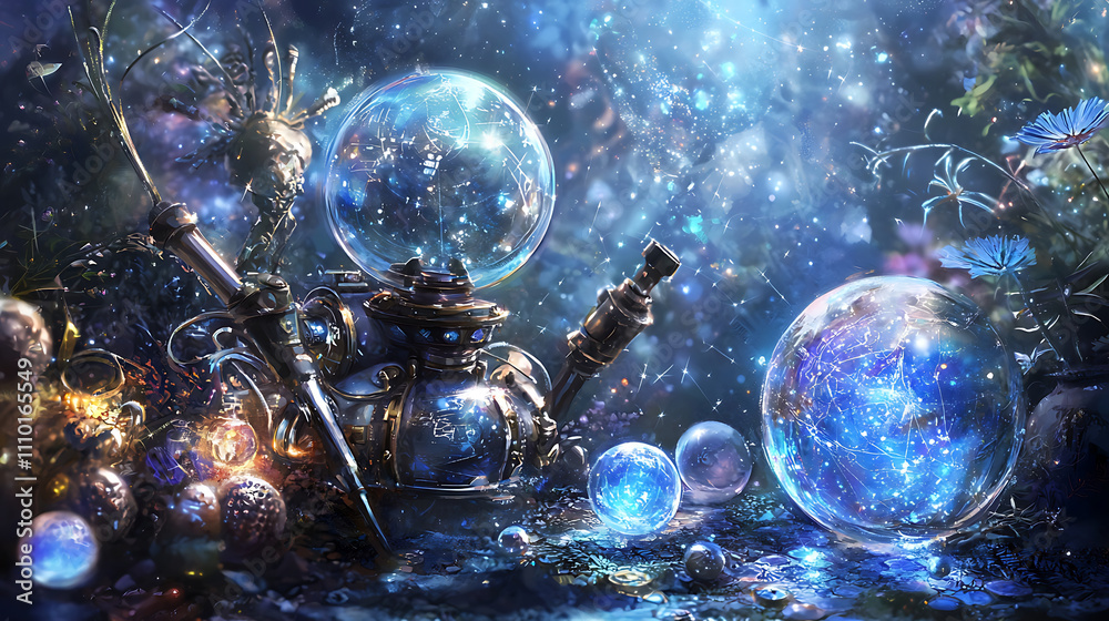 fantasy themed illustration featuring AI automaton with glowing orbs, intricate machinery, and mystical background filled with stars and plants fantasy themed illustration featuring AI automaton with glowing orbs, intricate machinery, and mystical background filled with stars and plants