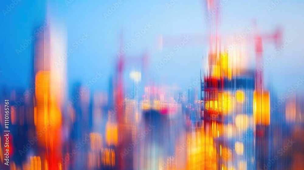 Blurred city skyline featuring vibrant construction cranes and lights during twilight, showcasing urban development and architectural progress. Blurred city skyline featuring vibrant construction cranes and lights during twilight, showcasing urban development and architectural progress.