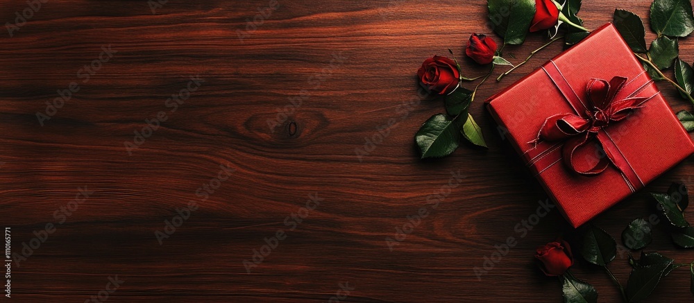 Aerial view of a red gift box and rose branch on a wooden table with space for text perfect for holiday sales and special occasions Aerial view of a red gift box and rose branch on a wooden table with space for text perfect for holiday sales and special occasions