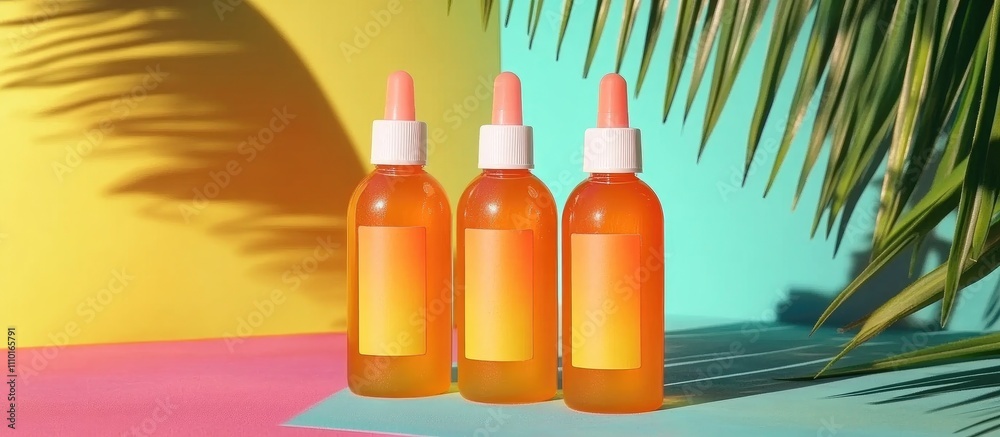 Vibrant sunscreen bottles displayed against a tropical background with palm shadows perfect for summer skincare promotions. Vibrant sunscreen bottles displayed against a tropical background with palm shadows perfect for summer skincare promotions.