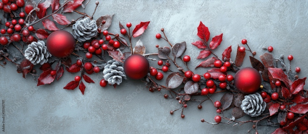 Festive Christmas Background with Red Baubles and Winter Foliage on a Gray Surface Festive Christmas Background with Red Baubles and Winter Foliage on a Gray Surface