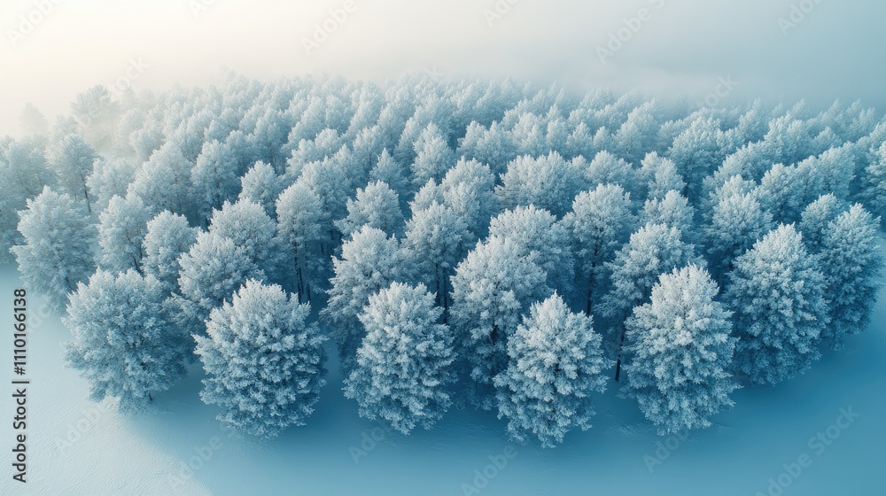 Aerial view of serene snow-covered taiga forest with frosted trees in tranquil winter landscape Aerial view of serene snow-covered taiga forest with frosted trees in tranquil winter landscape