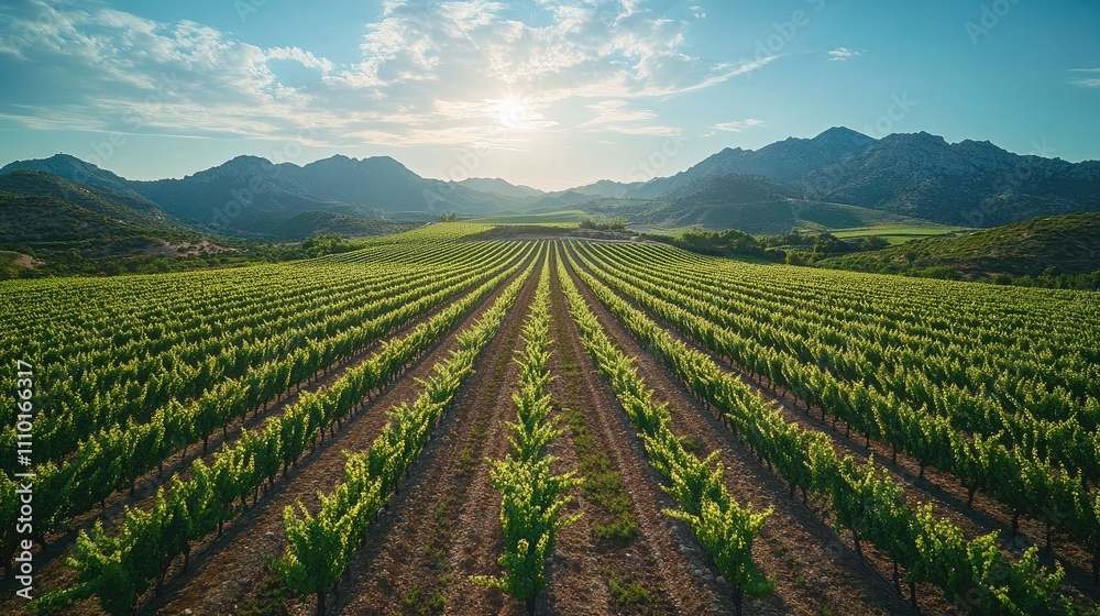 Aerial view of lush vineyards in spring with mountains under a clear sky showcasing agricultural beauty in a wine-producing region. Aerial view of lush vineyards in spring with mountains under a clear sky showcasing agricultural beauty in a wine-producing region.