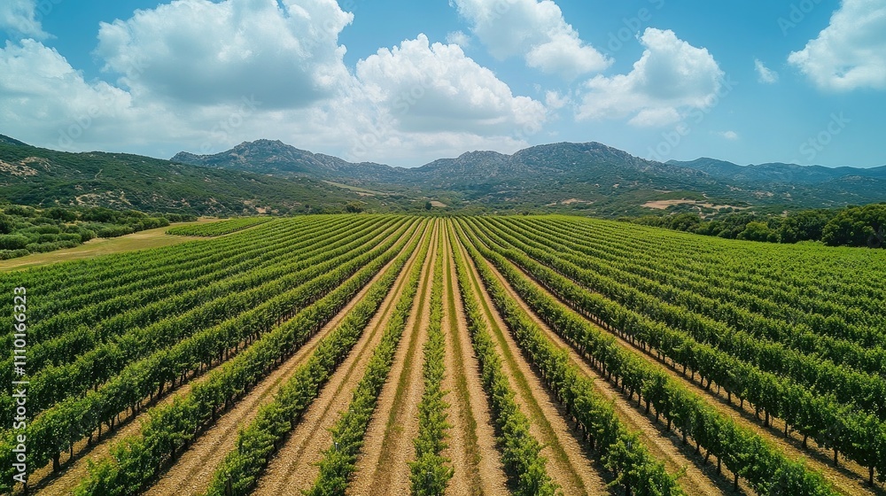 Aerial view of lush vineyards with rows of grapevines under a clear blue sky and rolling hills in the background Aerial view of lush vineyards with rows of grapevines under a clear blue sky and rolling hills in the background