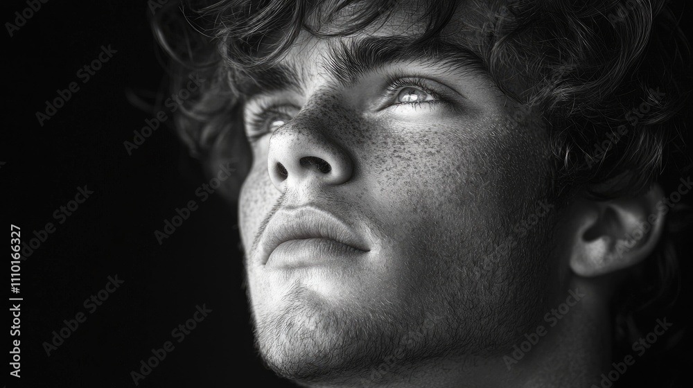 Thoughtful young man gazing upwards with curly hair and freckles in a dramatic black and white portrait. Thoughtful young man gazing upwards with curly hair and freckles in a dramatic black and white portrait.