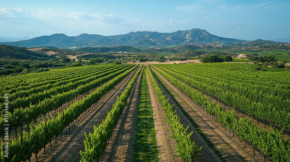 Panoramic aerial view of lush green vineyards in a scenic wine region with mountains in the background under a clear blue sky Panoramic aerial view of lush green vineyards in a scenic wine region with mountains in the background under a clear blue sky