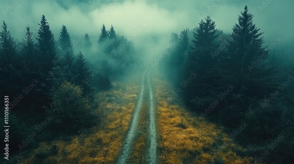 Misty forest trail leading through lush greenery with serene atmosphere and ecological elements in nature's landscape Misty forest trail leading through lush greenery with serene atmosphere and ecological elements in nature's landscape